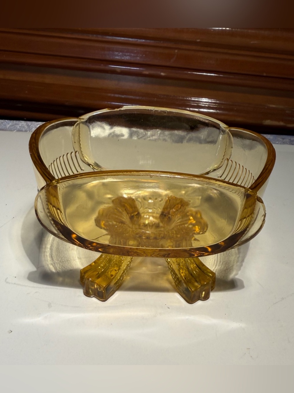 Vintage Amber Pressed Glass Bowl Art Deco Design Footed Base Scalloped Edge